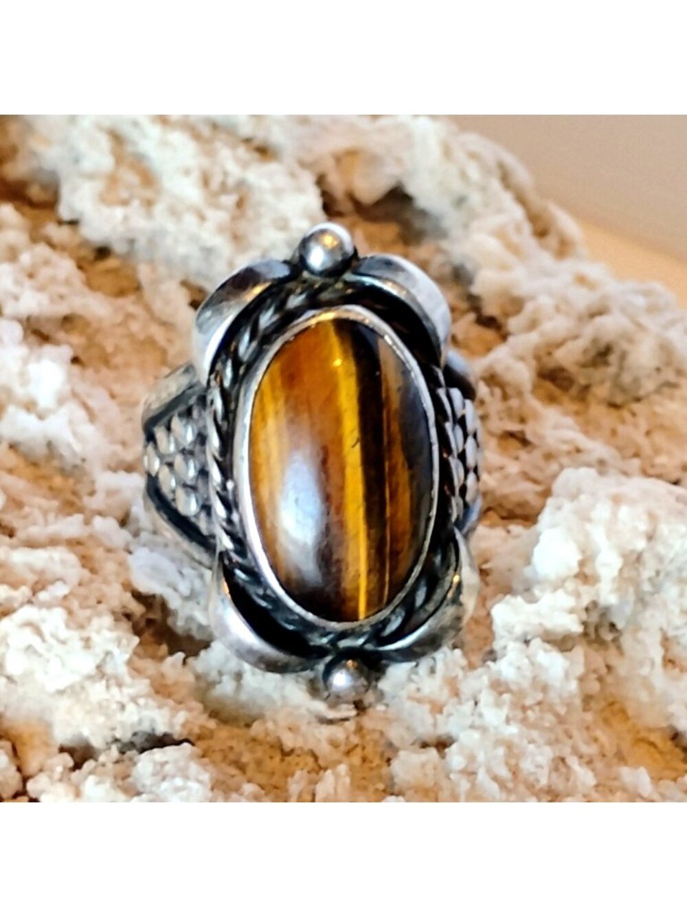 Vtg Signed F.A.A. Sterling Silver Tiger's Eye Ring Size 12 Mens Unisex Statement